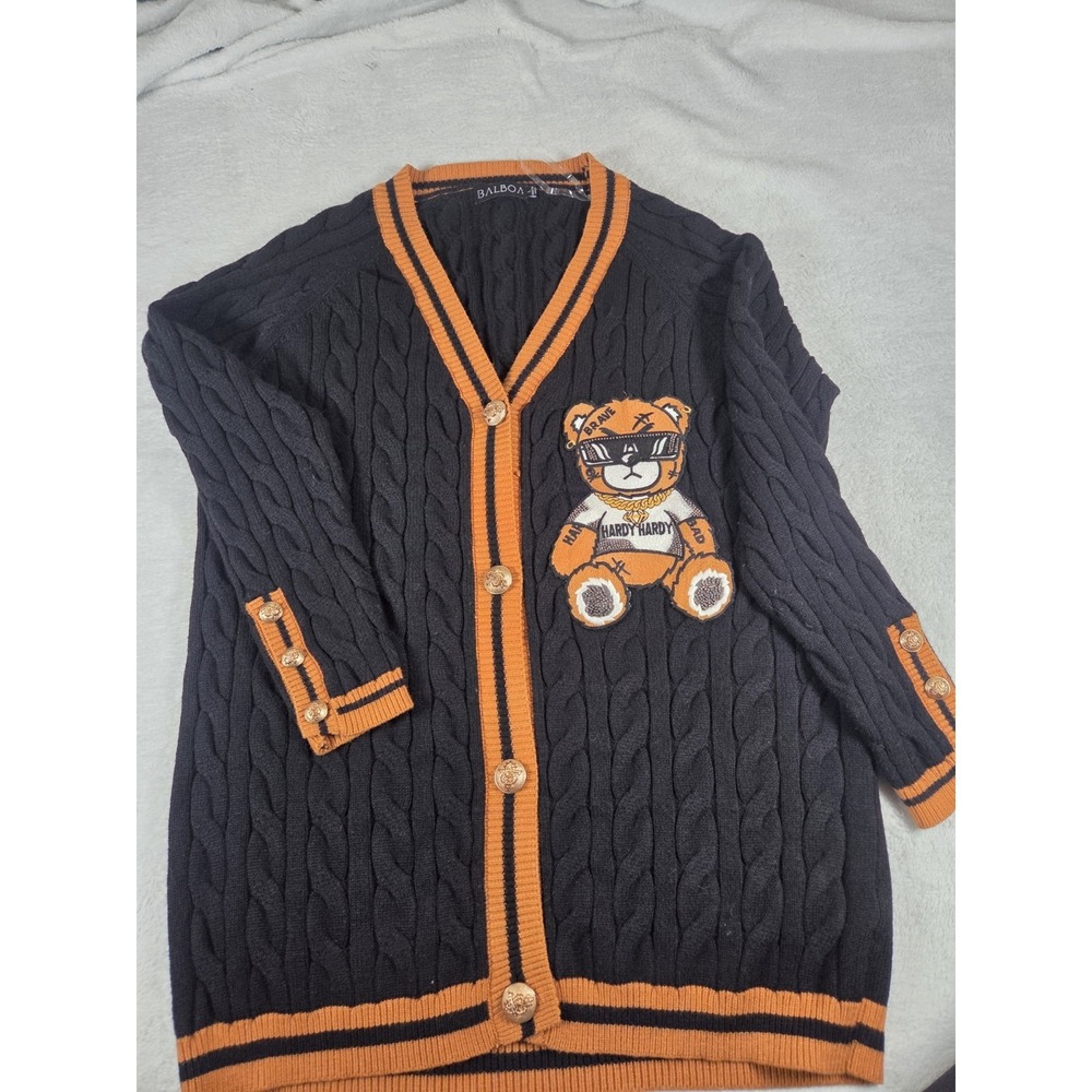 Hardy Hardy Teddy Bear Cable Knit Cardigan L Black Orange Y2K Streetwear